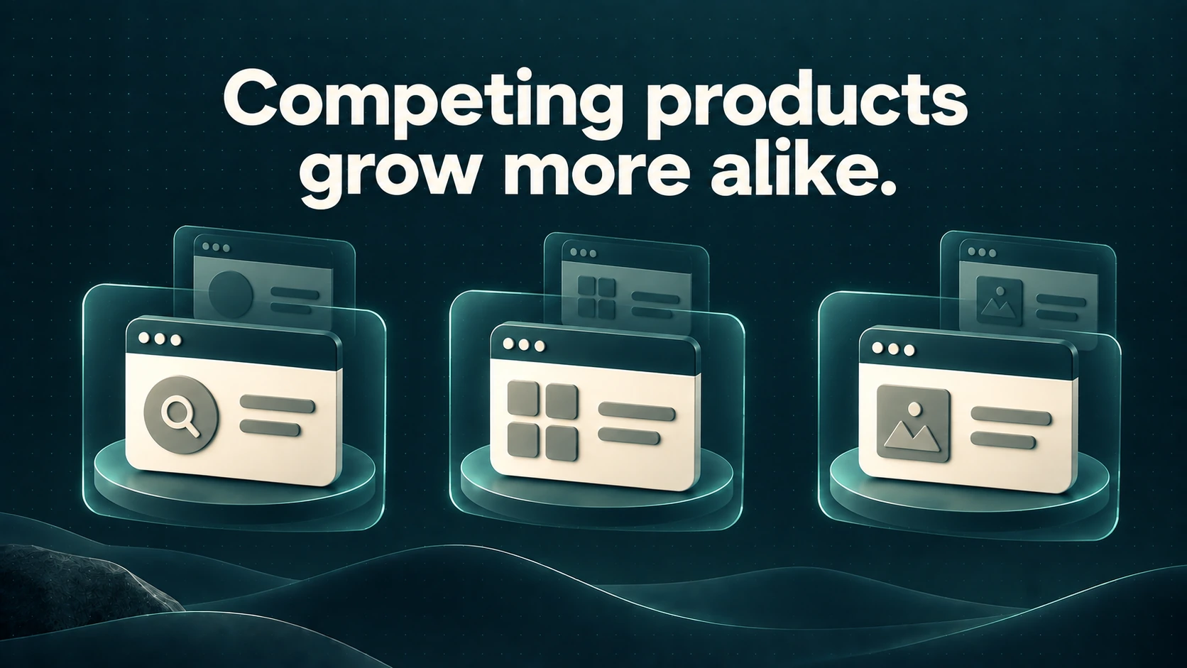 Three competing product cards share a similar layout, with faded earlier versions behind them. Text: Competing products grow more alike.