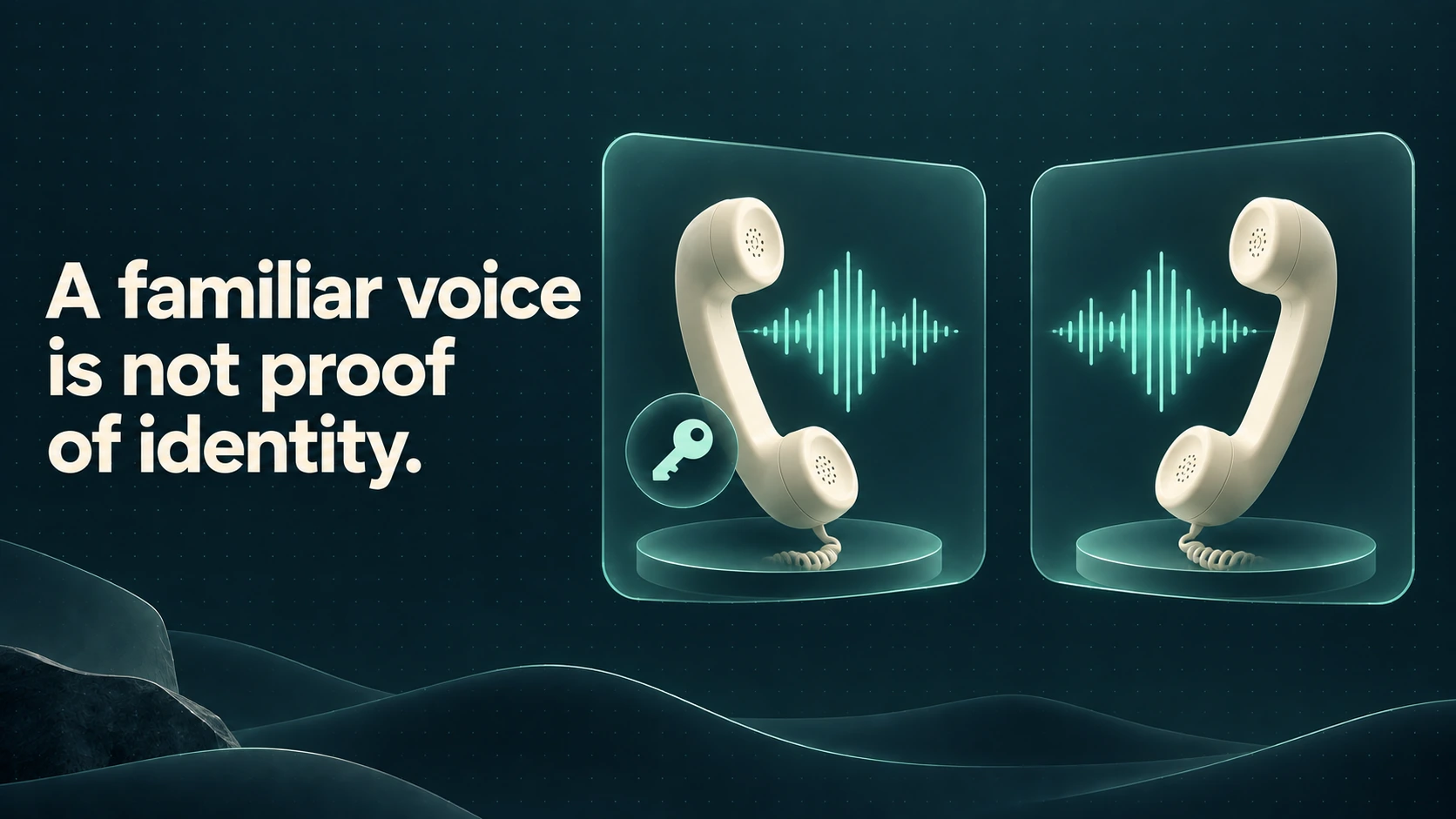 Two matching telephone handsets show the same waveform, but only one has a separate verification key. Text: A familiar voice is not proof of identity.