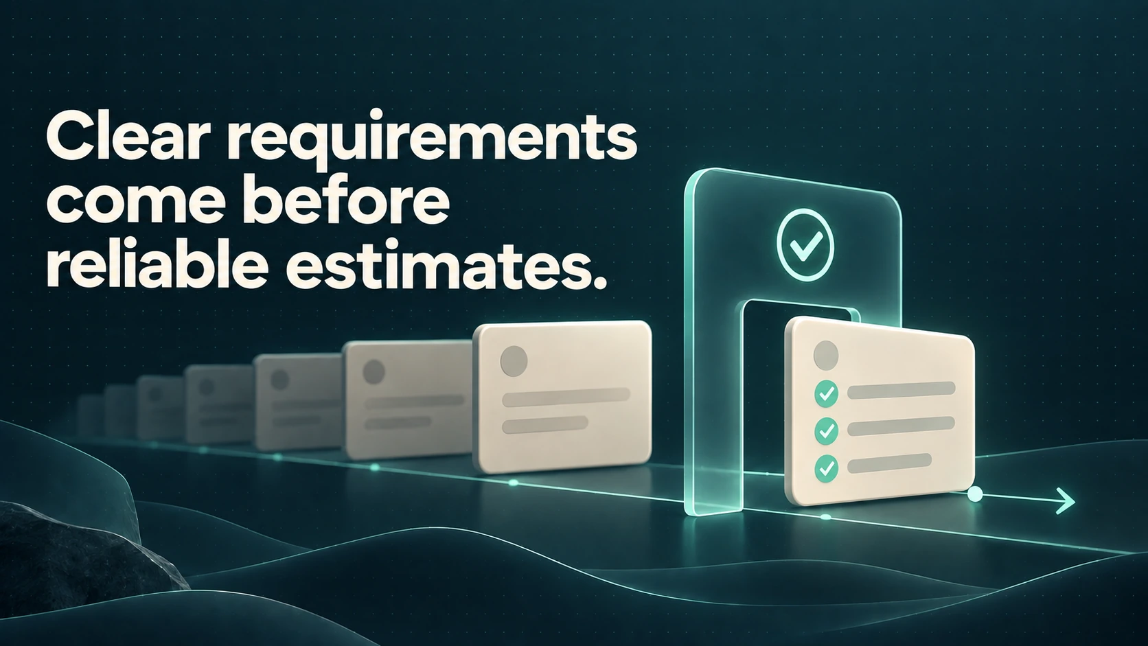 A completed story card passes a glass readiness gate while incomplete cards wait. Text: Clear requirements come before reliable estimates.