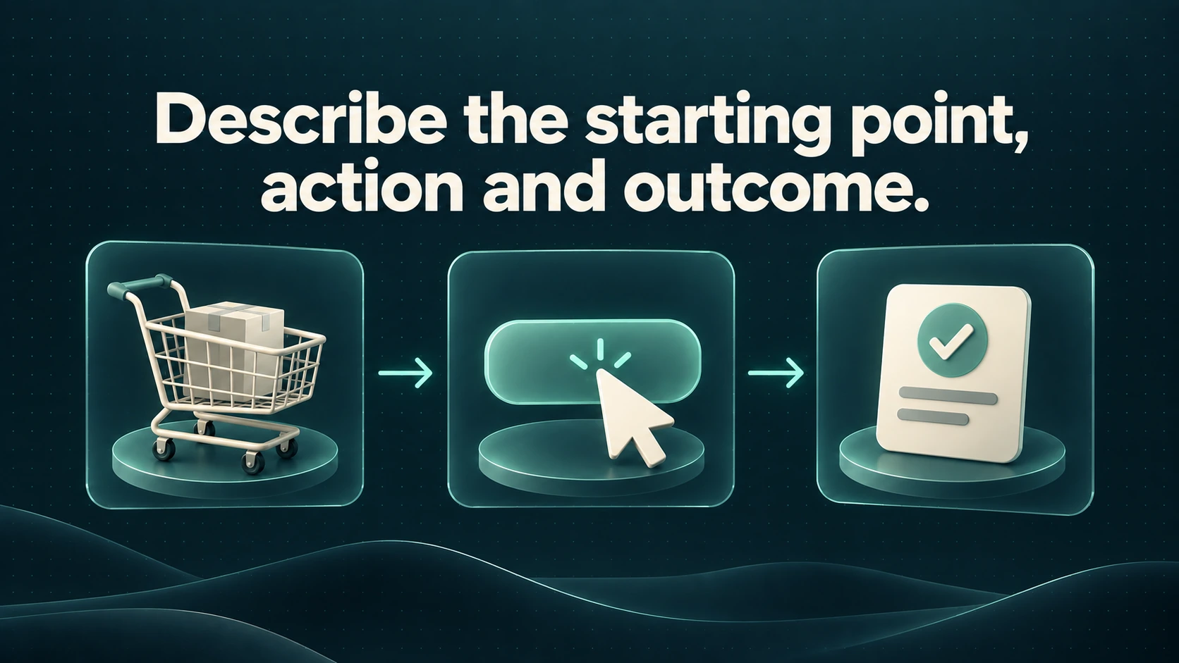 A shopping cart, checkout action and checked order card form a three-step scenario. Text: Describe the starting point, action and outcome.