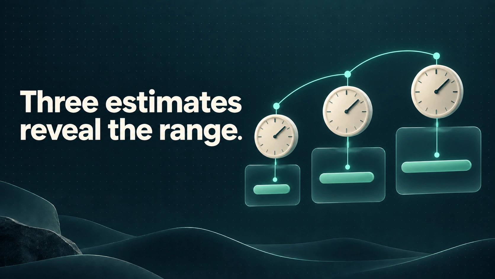 Three clocks sit above short, medium and long estimate bars. Text: Three estimates reveal the range.