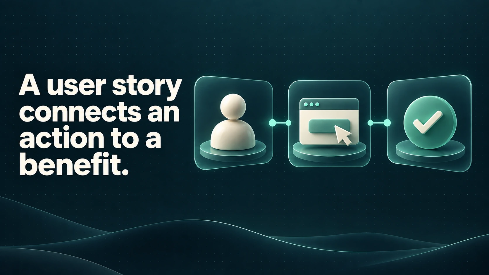 A person, application action and checked result show the purpose of a user story. Text: A user story connects an action to a benefit.