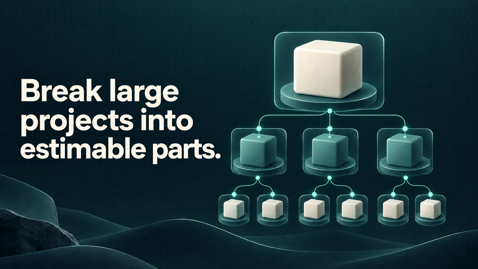 One project block branches into three modules and six smaller task blocks. Text: Break large projects into estimable parts.