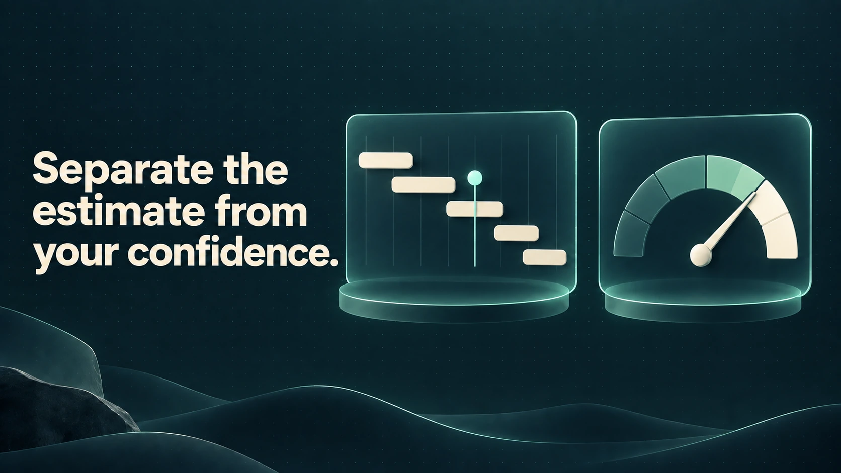 A project timeline and a separate confidence gauge sit side by side. Text: Separate the estimate from your confidence.