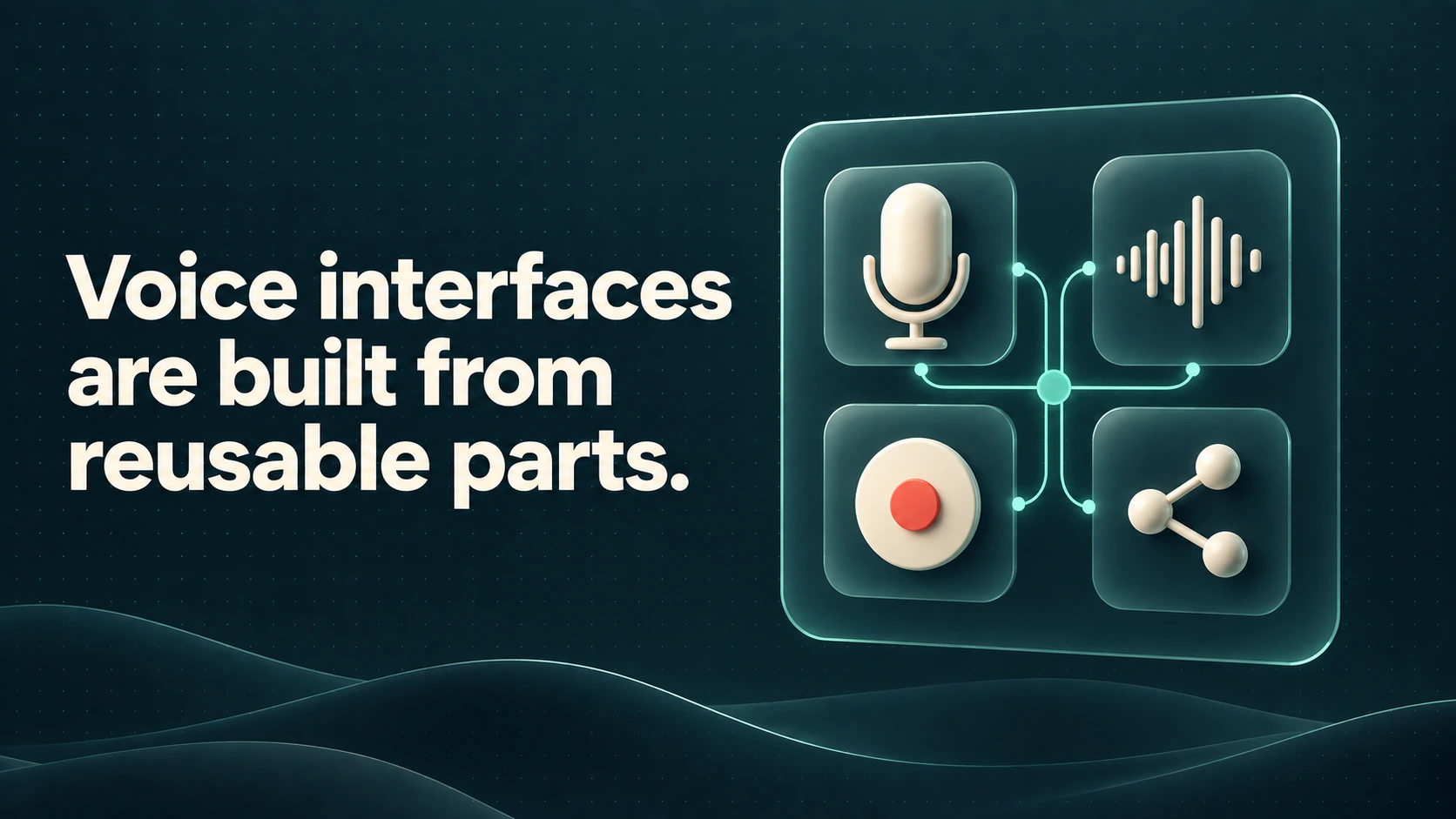 Microphone, waveform, record button and connection components form a reusable voice interface. Text: Voice interfaces are built from reusable parts.