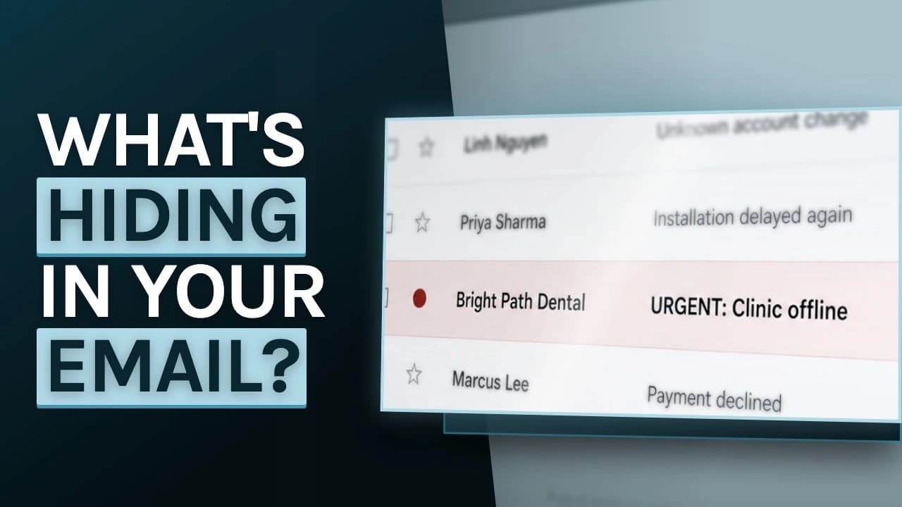 YouTube thumbnail reading What’s hiding in your email? beside an inbox with an urgent clinic outage message.