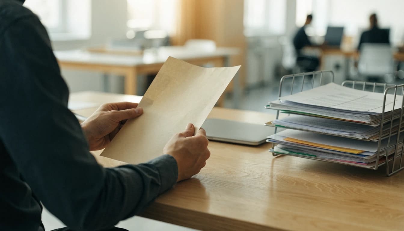Hands holding a single invoice still above a desk, with trays of filed documents beside it and a busy open-plan accounting office out of focus behind.