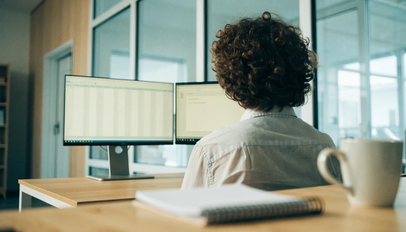 A bookkeeper at a dual-monitor desk in a bright office, one screen filled with accounting software and the other holding an unfinished email, with a notepad and mug on the desk in front.