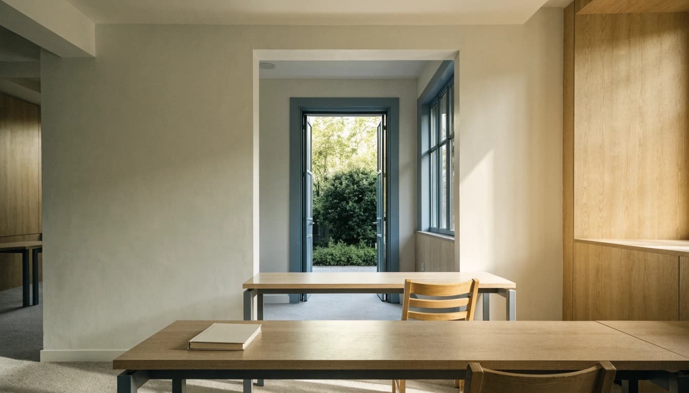 A quiet timber workspace with an open doorway overlooking a green courtyard.