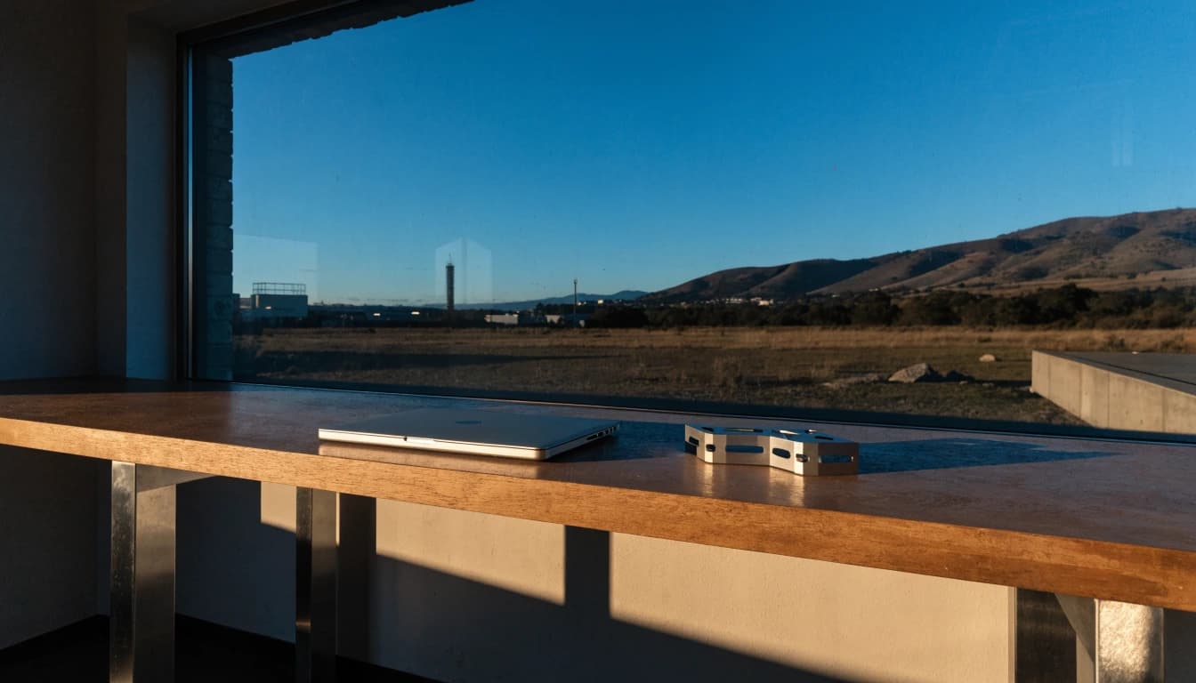 A timber workbench overlooking an industrial landscape and dry hills in evening light.