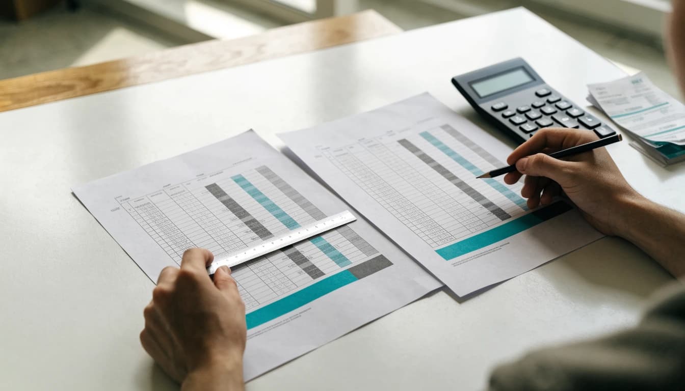 Two printed financial summaries are compared side by side, with their total bars misaligned.