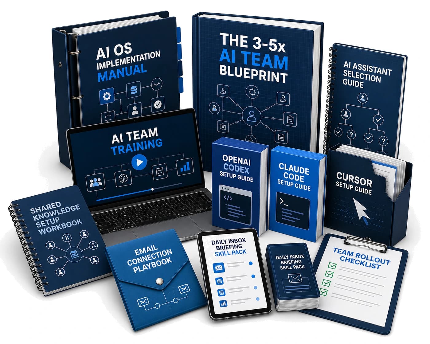 The AI Amplification Blueprint training and optional implementation resources shown as a digital product stack