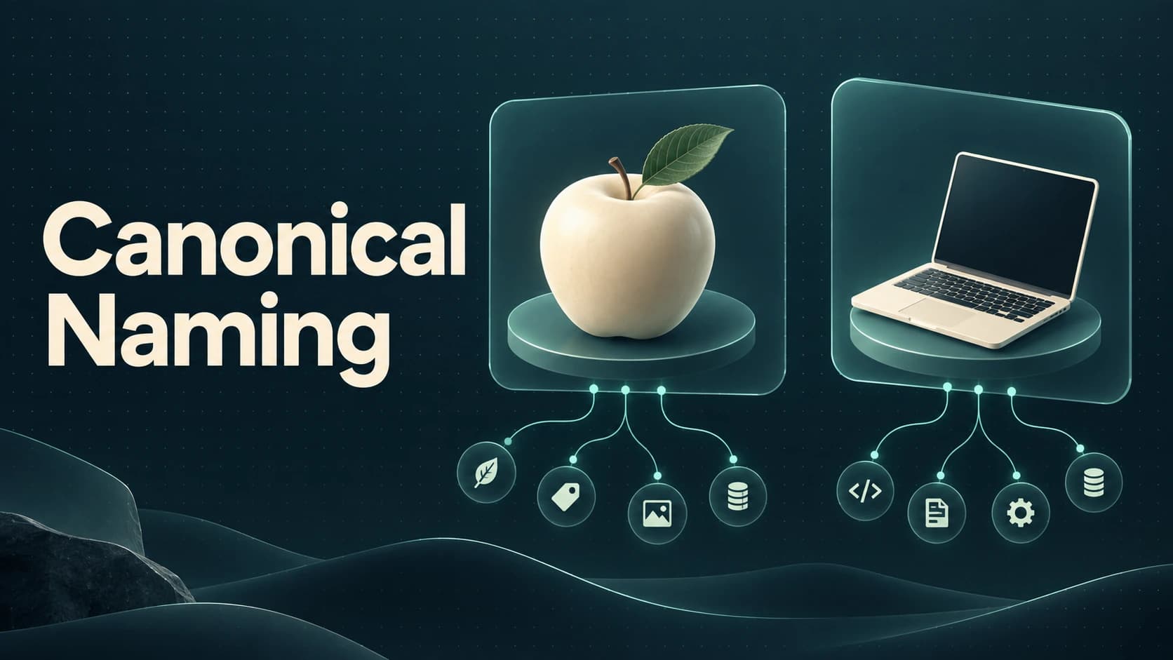 Canonical Naming title beside an apple and laptop in separate translucent panels, each linked to its own semantic icons on a dark teal background.