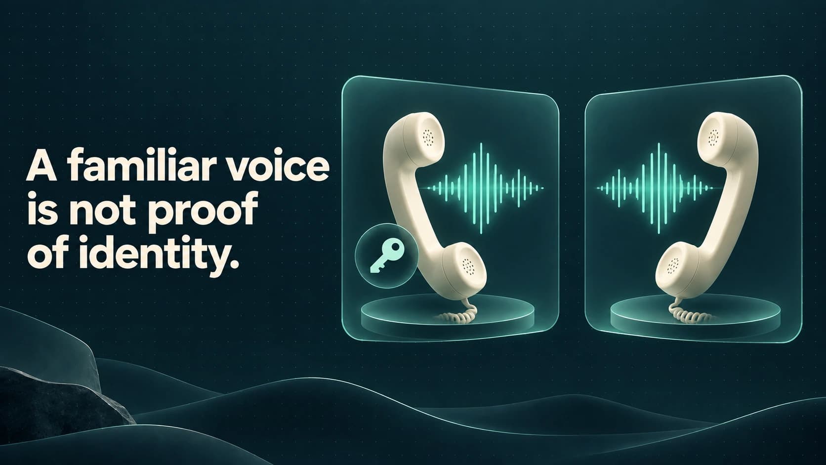 Two matching telephone handsets show the same waveform, but only one has a separate verification key. Text: A familiar voice is not proof of identity.