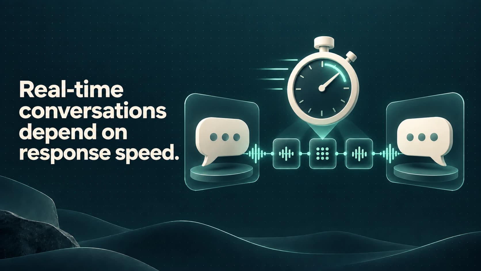 Two chat bubbles exchange a waveform through processing blocks beneath a stopwatch. Text: Real-time conversations depend on response speed.