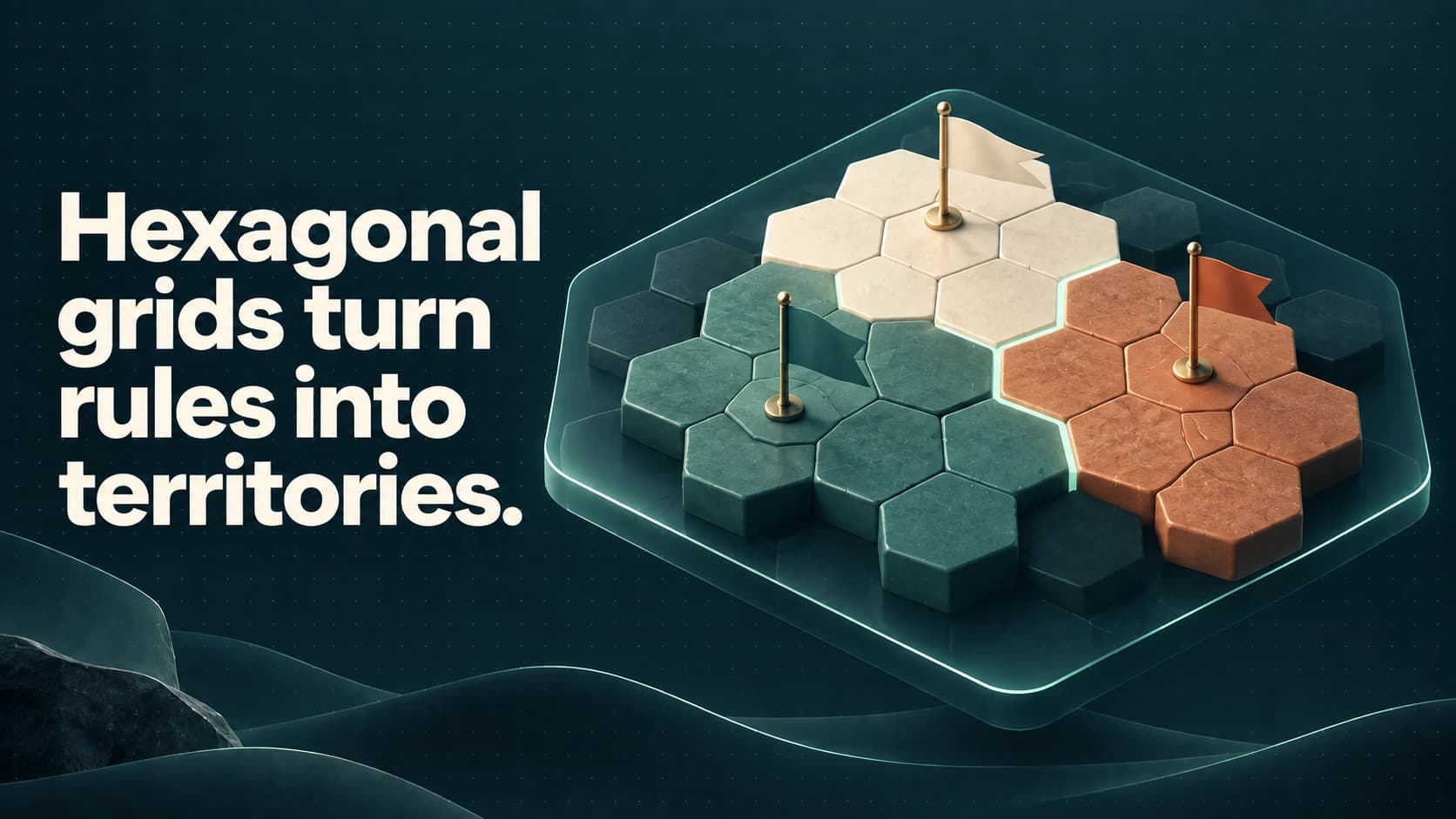 Three contiguous hexagonal territories in ivory, teal and terracotta carry faction flags. Text: Hexagonal grids turn rules into territories.