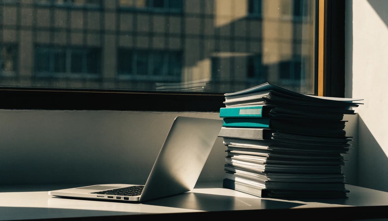 A compact silver laptop beside a tall stack of finance binders on an office desk in afternoon light.