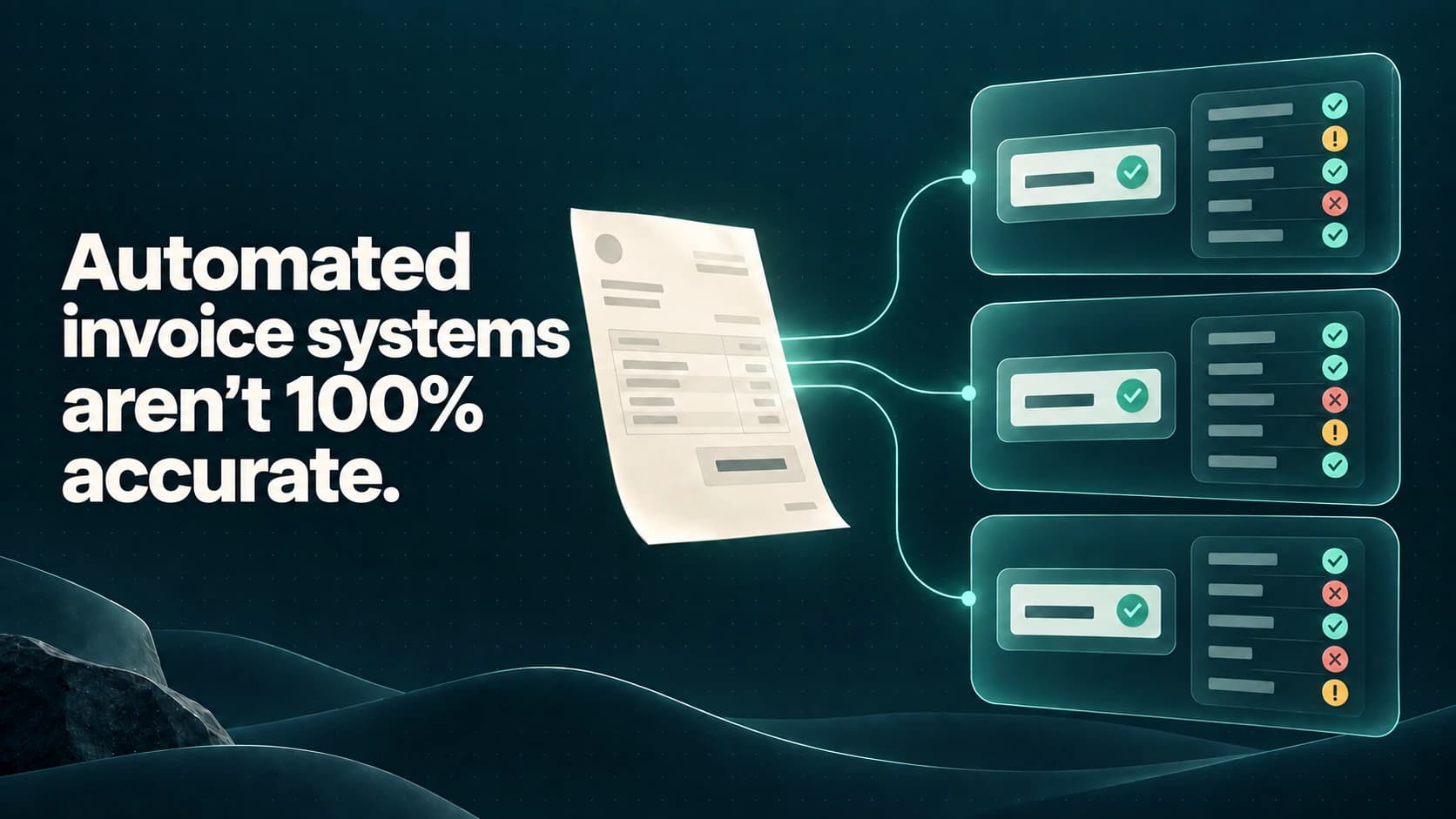 An invoice branches into three automated processing results where the total passes but other invoice fields show warnings. Text says automated invoice systems aren’t 100% accurate.