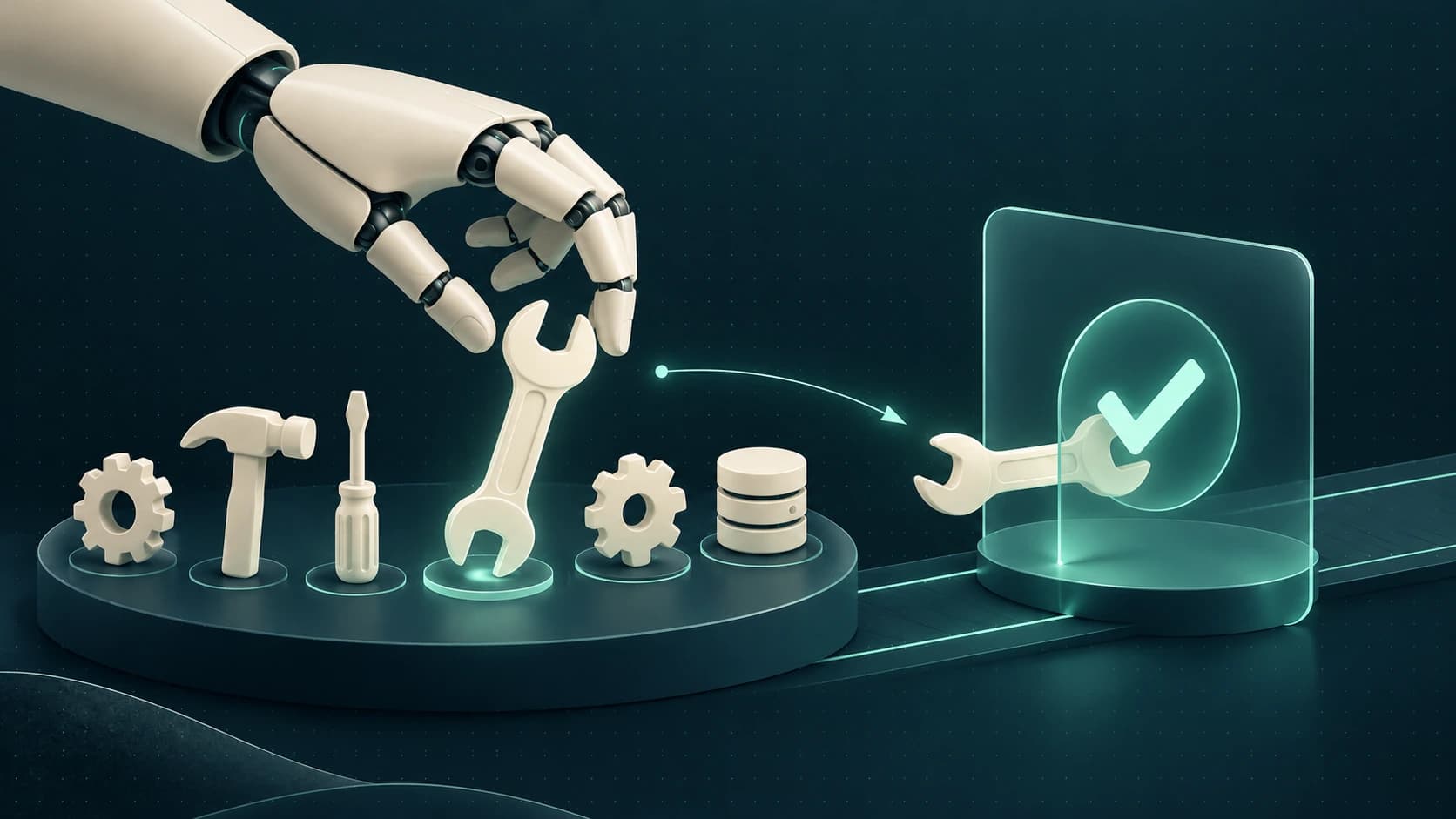 A robot hand selects a wrench from a tool rack and passes it through a glass validation gate.