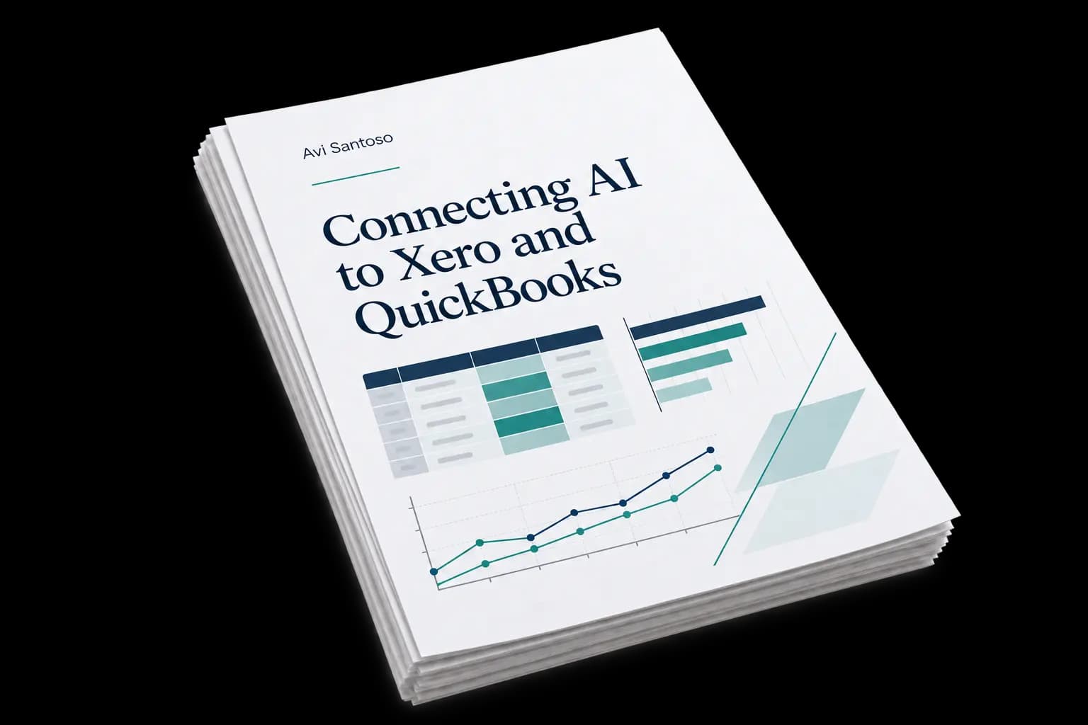 Report cover: Connecting AI to Xero and QuickBooks by Avi Santoso, with tables and charts