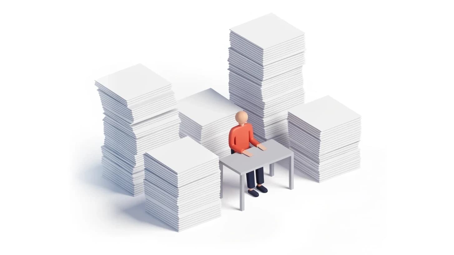 Isometric illustration of one person at a desk walled in by tall stacks of paper.