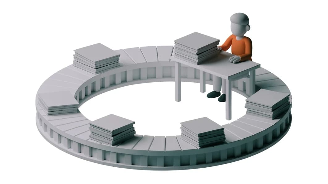 Isometric illustration of a person at a desk on a closed loop of conveyor belt that carries the same stacks of paper back around to them.