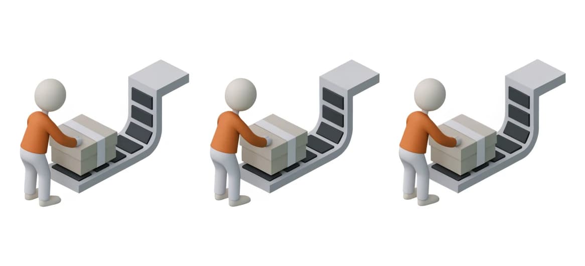 Isometric illustration of three people each loading a parcel onto its own one-way conveyor, with nobody at the far end of any of them.