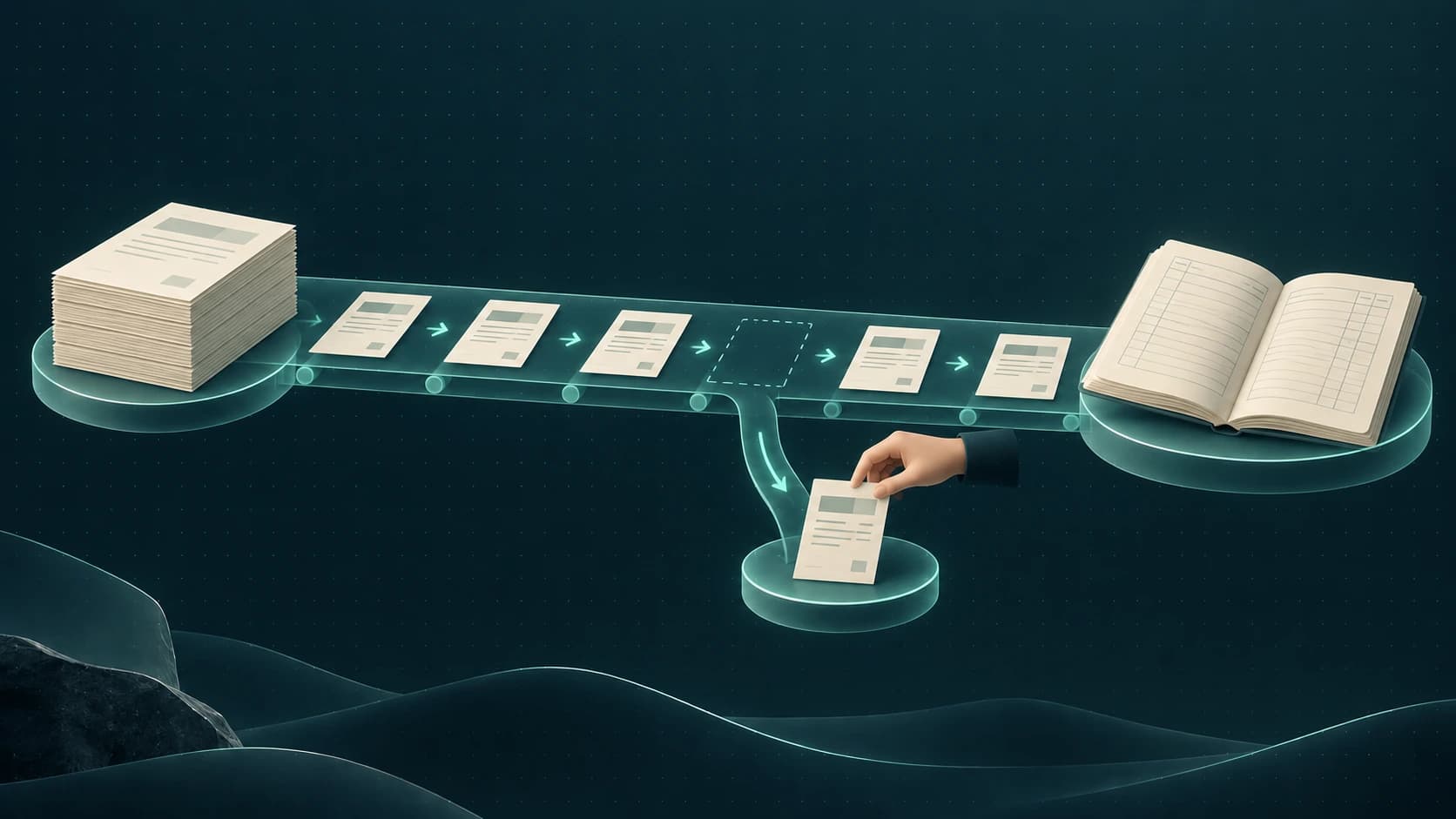 Invoice documents move along a glass workflow into a ledger while a missing document receives human attention.