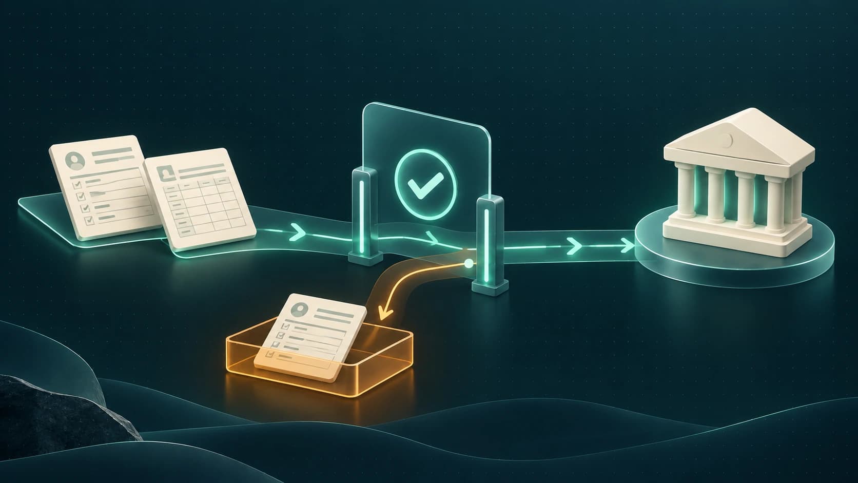 Approved payroll documents pass through a glass review gate towards a payment terminal while an unapproved timesheet waits in a separate tray.