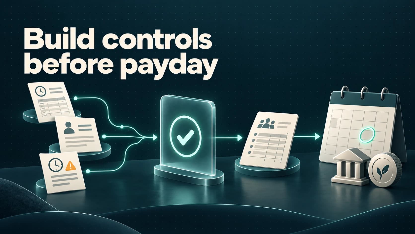 Payroll inputs pass through an approval gate into an approved register and payday calendar beneath the words Build controls before payday.
