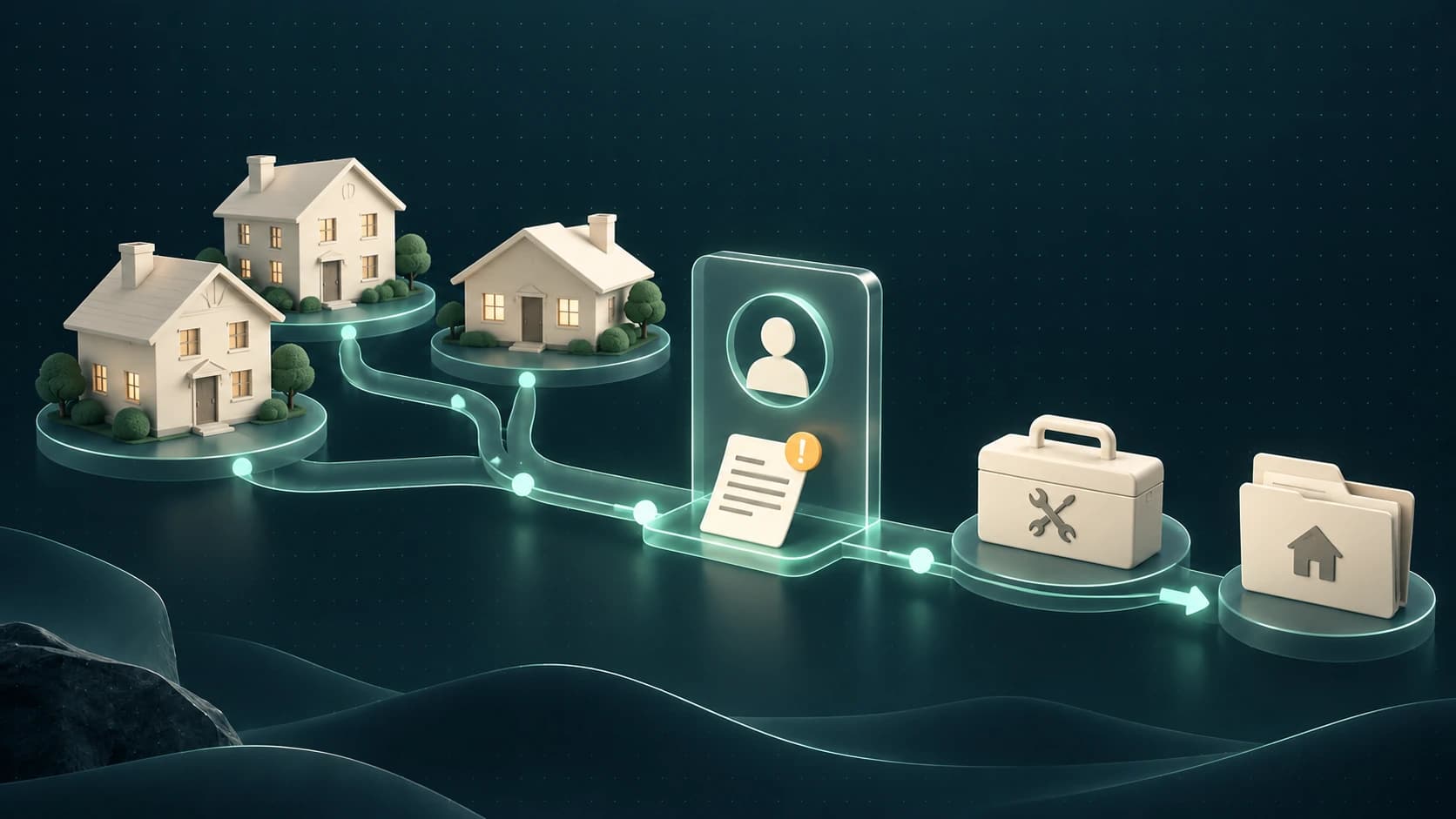 Rental houses feed a maintenance request through an owner approval gate before repair work and property records.