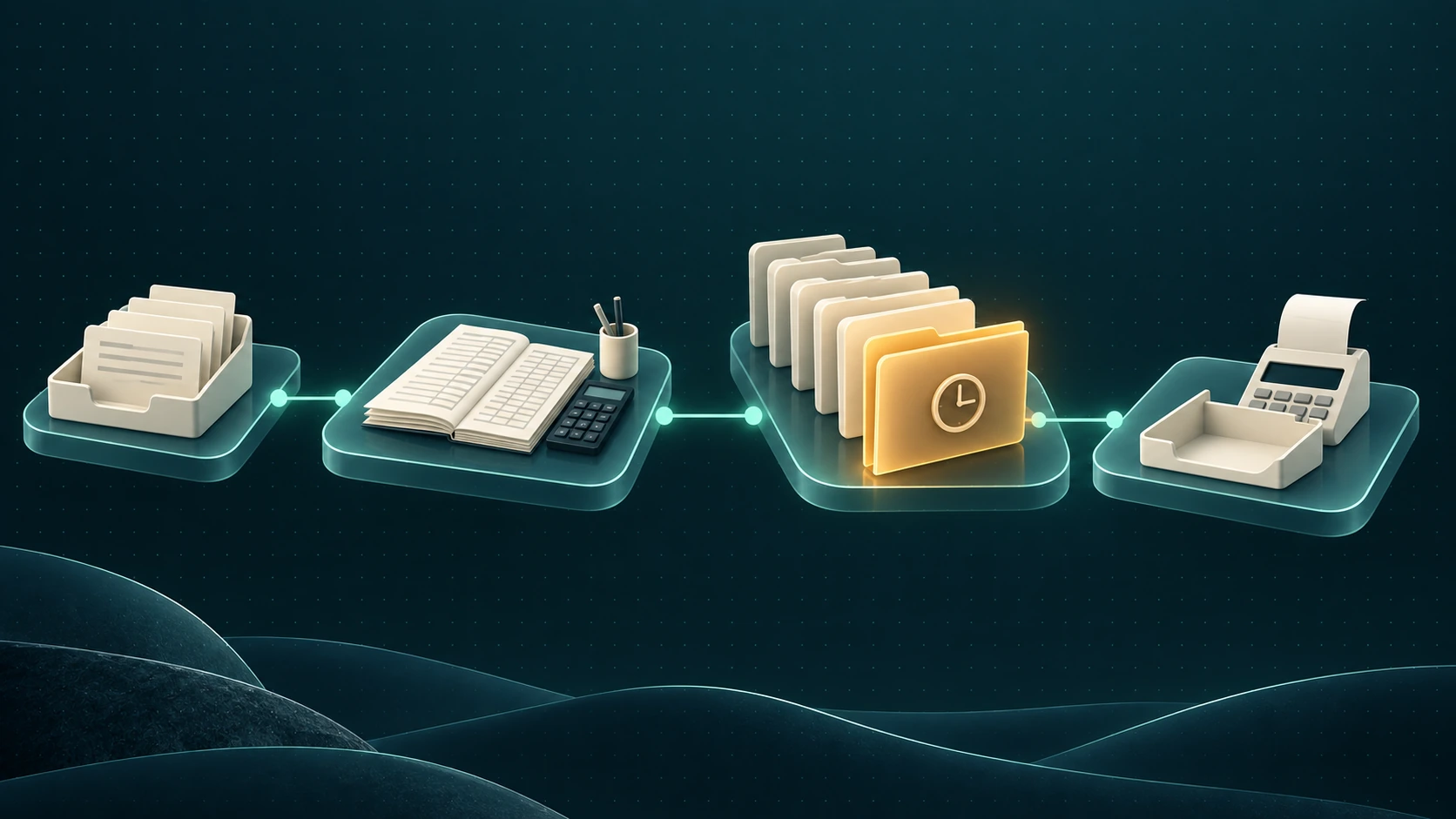 Four connected accounting workflow stations with client files queued behind an amber delayed folder before an empty billing station.